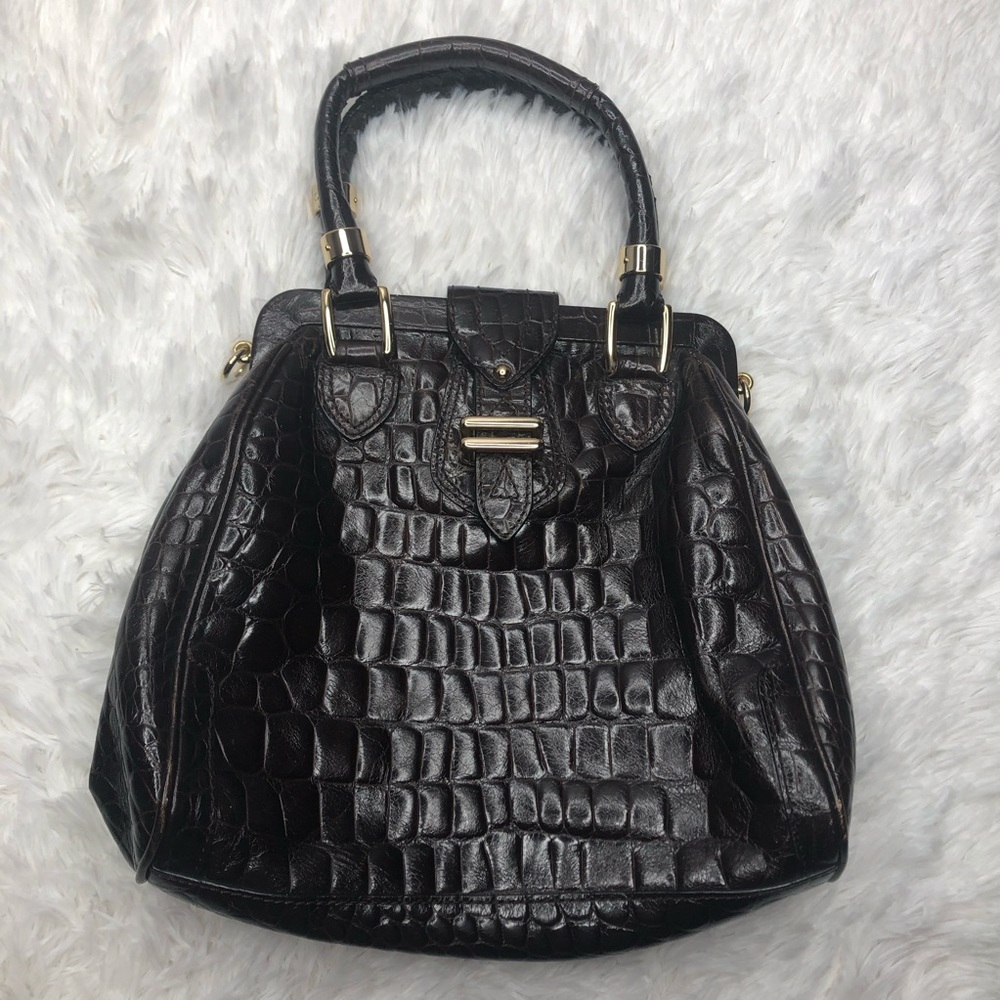 Cole Haan Frame Lock Womens Small Satchel Croco Embossed Leather Shoulder Bag